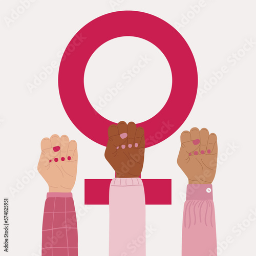 Feminism symbol poster. Diverse female raised fists with a Venus symbol. Girl power, fight for equality, feminism, sisterhood concept. Hand drawn vector illustration.