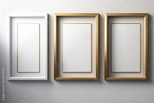 Rectangular Wooden Frame Mockup on White Wall. Poster. Simple, modern frame. Vacant Text or product indoors. Home mockup frame. Generative AI © 2rogan