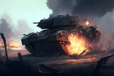 Obraz pokazujący konflikt zbrojny, wojnę, walke o wolność. Wojskowy pojazd bojowy, czołg. Generative AI