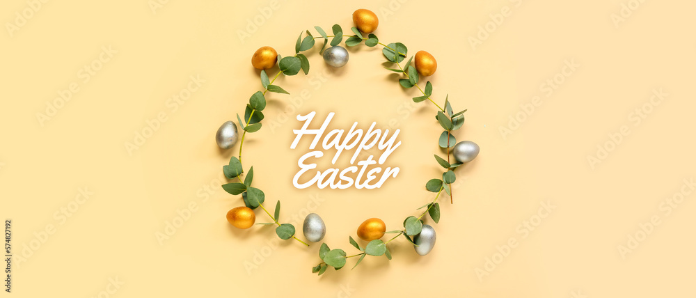 Easter greeting card with eggs and eucalyptus branches on beige background
