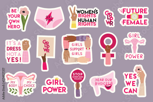 Set of female movement feminist stickers, short quotes. Girl power lettering. Woman empowerment, fight for gender equality, feminism, sisterhood concept. Hand drawn vector illustration.