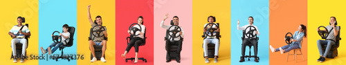 Set of people with steering wheels sitting on chairs and car seats against color background photo