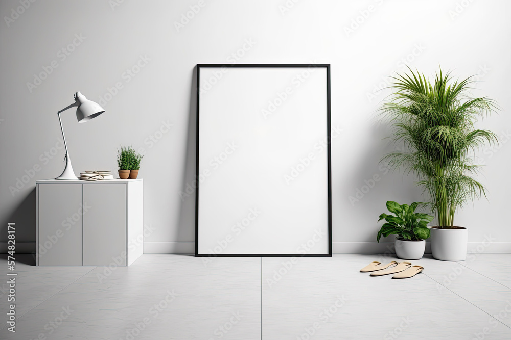 Mockup of a blank poster in a white studio with a canvas and a frame. Generative AI Mockup of a blank poster in a white studio with a canvas and a frame. Generative AI