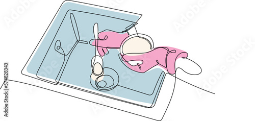 Continuous one line drawing of hand doing chores with disinfectant spray and microfiber cloth at home concept of disinfection. Easy to place your text and brand logo. Vector illustration