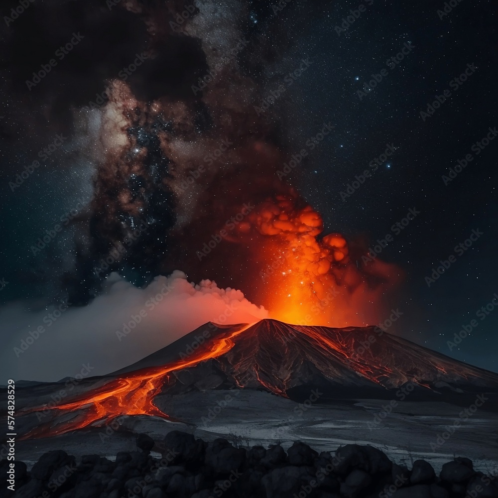 etna, powerful, eruption, fountains, lava, night, sky, starry,