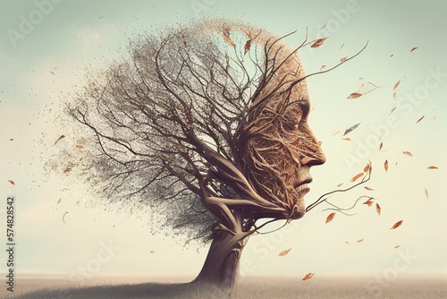Abstract alzheimer dementia nature tree branch, loss of memory and mental abilities concept with light sky background. Generative AI