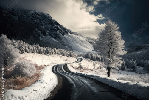 winter landscape in the mountains with a snowy and frozen road. Generative AI