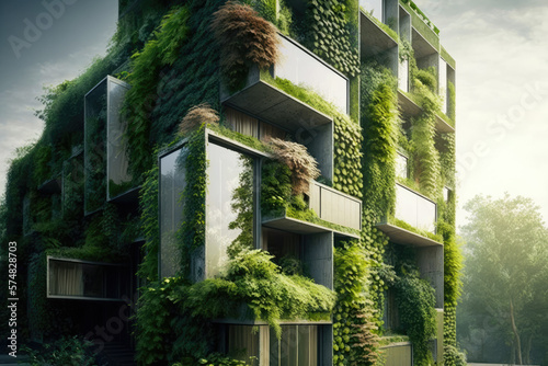 eco friendly living concept. a large building overgrown with green plants. Generative AI © jr-art