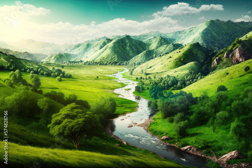 landscape shot of a beautiful nature landscape with mountains and a river flowing between green meadows. Generative AI © jr-art