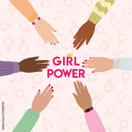 Girl power poster. Female hands stacking together. Woman empowerment, girl power, fight for gender equality, feminism, sisterhood concept. Hand drawn vector illustration.