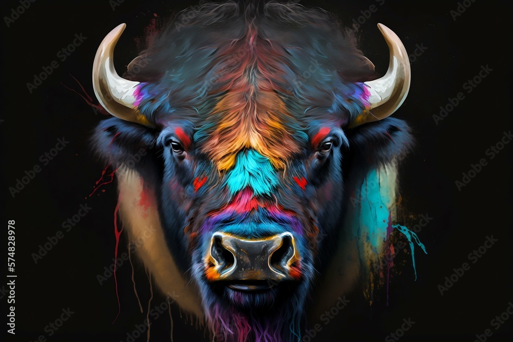 Portrait face of bison with colorful paint. Generative AI
