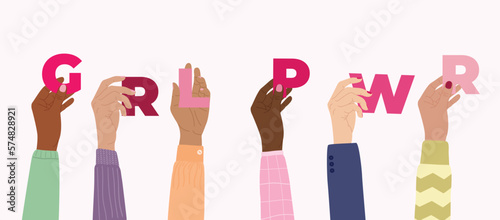 Girl power horizontal poster. Female hands hold world grl pwr. Woman empowerment, girl power, fight for gender equality, feminism, sisterhood concept. Hand drawn vector illustration.
