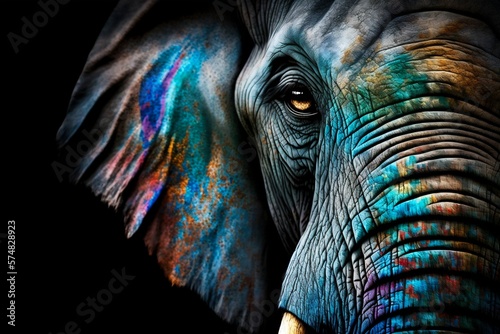 Portrait face of an elephant with colorful paint. Generative AI photo