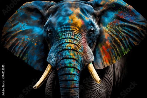 Portrait face of an elephant with colorful paint. Generative AI