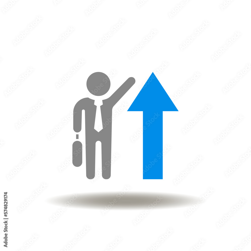 Vector illustration of businessman holding a hand up and arrow up. Symbol of CRM Customers Relationship Management. Icon of business finance growth. Sign of career. Vector illustration of businessman holding a hand up and arrow up. Symbol of CRM Customers Relationship Management. Icon of business finance growth. Sign of career.