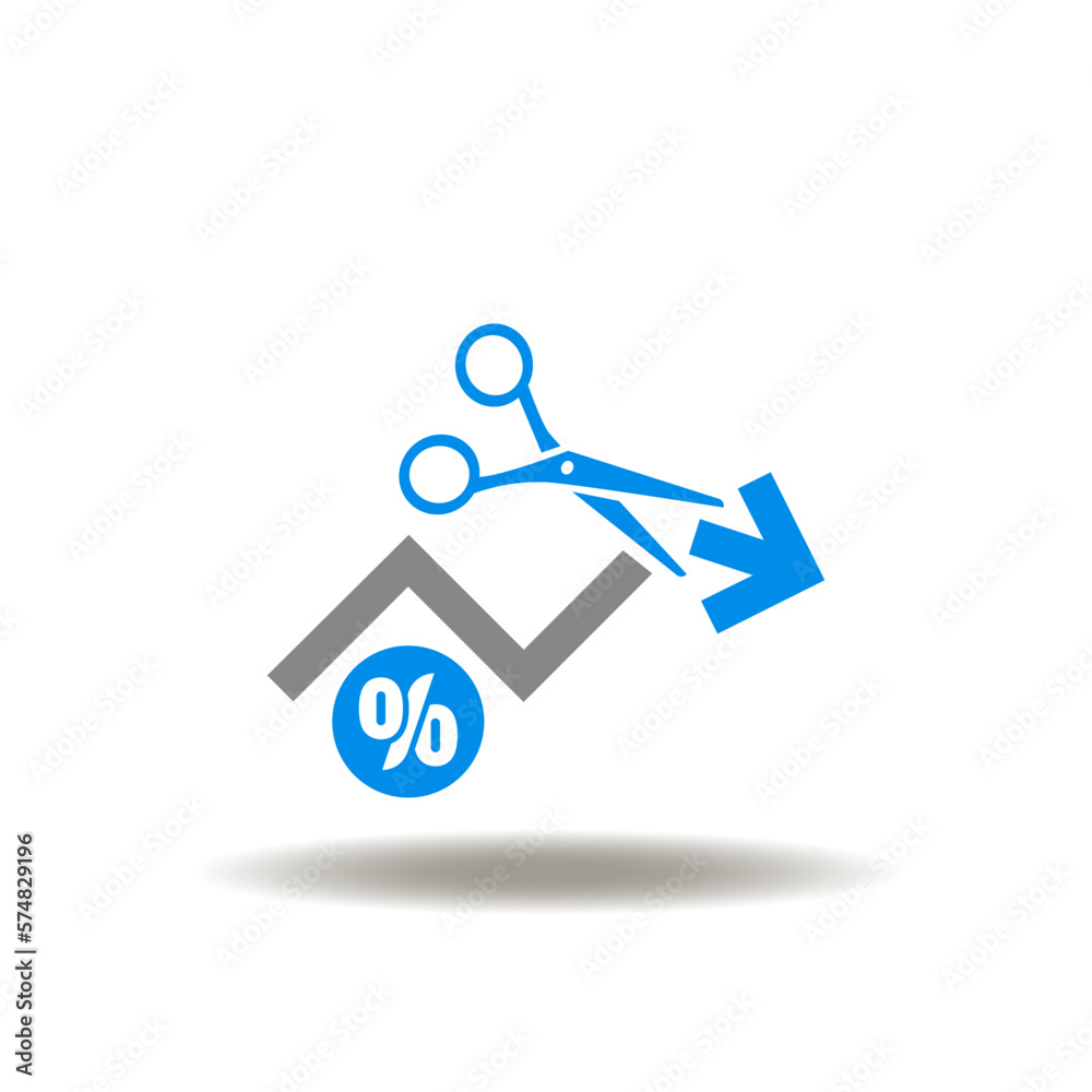 Vector illustration of scissors cut growing graph and percent sign. Icon of inflation reduction. Symbol of reduce costs, fees and taxes. Vector illustration of scissors cut growing graph and percent sign. Icon of inflation reduction. Symbol of reduce costs, fees and taxes.