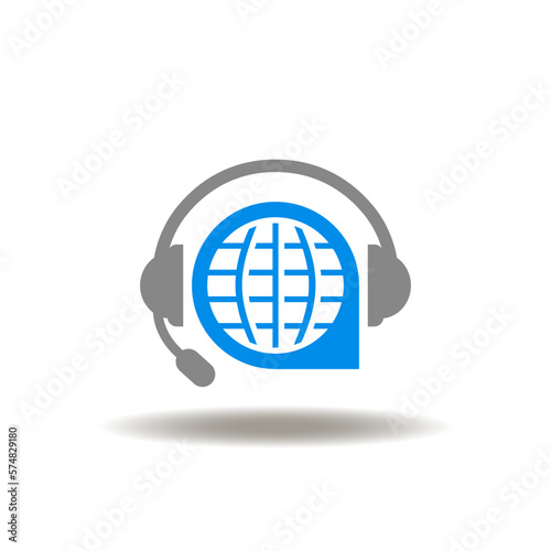 Vector illustration of earth planet and telephone headset. Icon of ask an expert. Symbol of expert advice. Sign of FAQ, support service, web online help center.