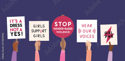 Feminist strike. Hands of diverse woman hold banners with woman empowerment short quotes. Female protest, fight for gender equality, feminism, sisterhood concept. Hand drawn vector illustration.