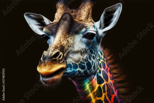 Portrait face of giraffe with colorful paint. Generative AI