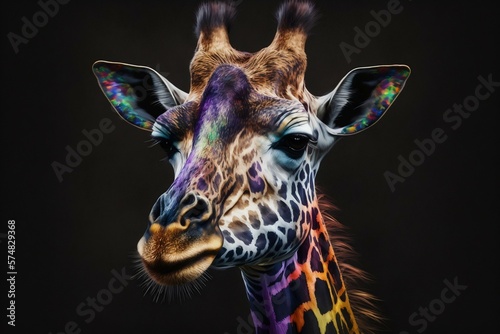 Portrait face of giraffe with colorful paint. Generative AI
