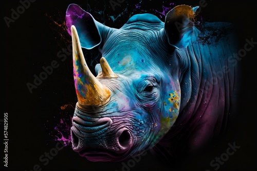 Portrait face of an rhinoceros with colorful paint. Generative AI © Scrudje