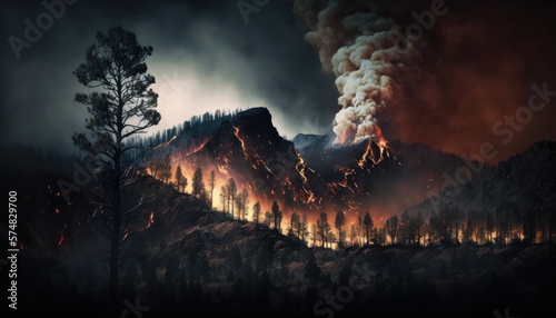 Raging inferno forest fire destroying mountain range, natural, mother nature, arson, criminal, illustration, Generative AI