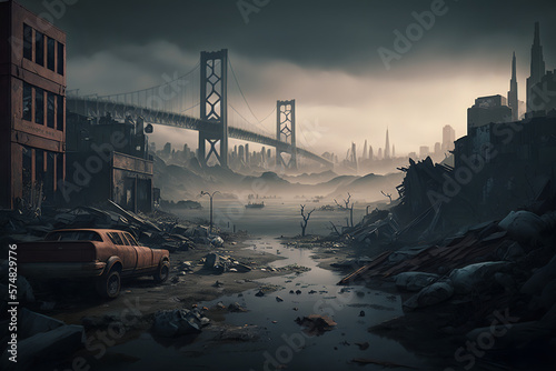 Canvastavla A post-apocalyptic view of San Francisco with a focus on the iconic Golden Gate bridge