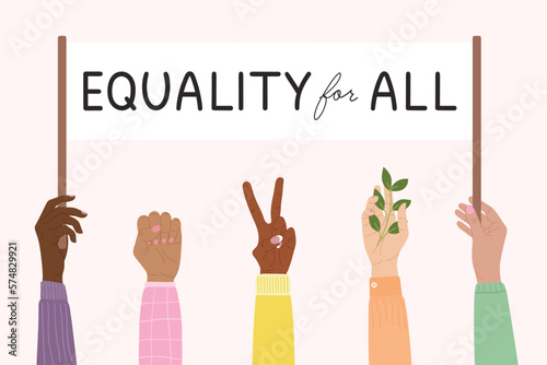Feminist strike. Hands of diverse woman hold banners with woman empowerment short quotes. Girl power, fight for gender equality, feminism, sisterhood concept. Hand drawn vector illustration.
