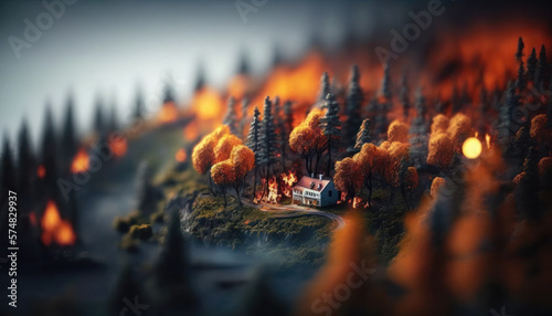 Tilt shift, macro model of raging inferno forest fire destroying a home, natural, mother nature, arson, criminal, illustration, Gnerative AI
