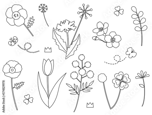 チューリップやタンポポ・桜などの春の花の塗り絵風イラストのセット　線画バージョン