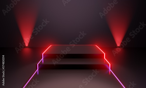 3 Step Red futuristic pedestal with red light for display. Blank step podium for product. 3d rendering illustration.