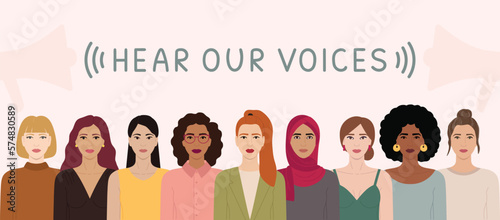 Hear our voices horizontal banner with group of diverse female characters stand together. International Women s Day, 8 March. Woman empowerment, feminism concept. Hand drawn vector illustration.