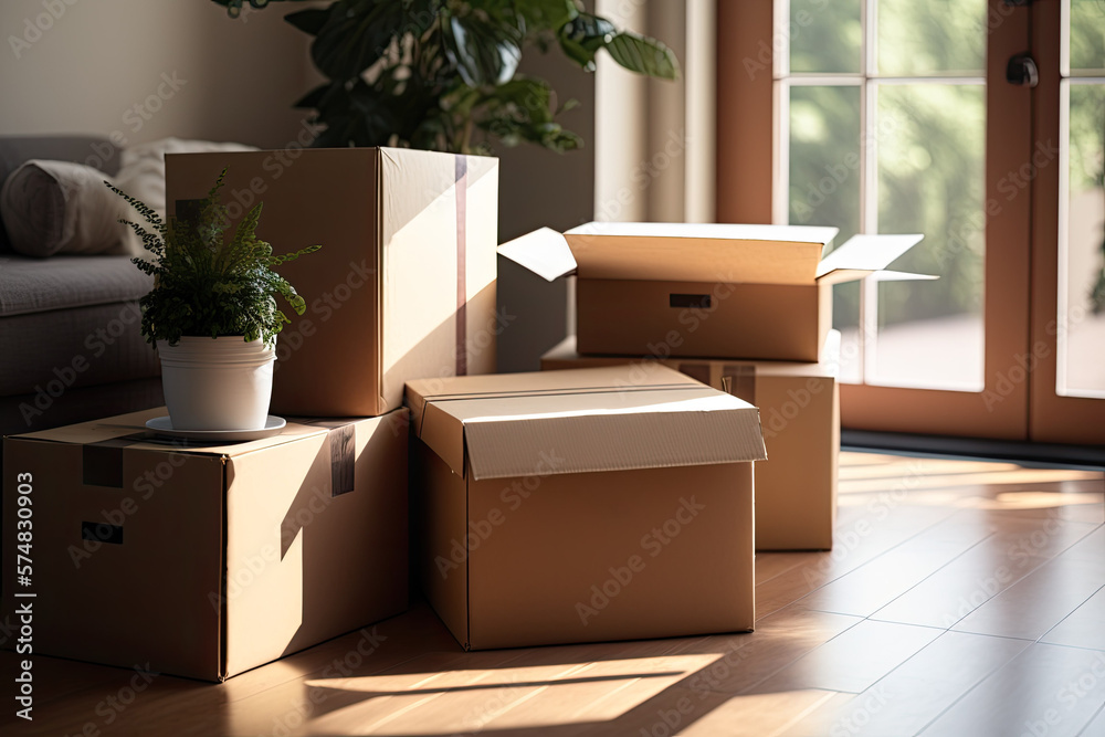 New home moving boxes on floor. Text area. Generative AI