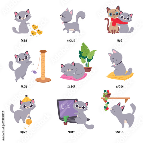 Learning Verbs of Action with Grey Cat Pet Vector Set