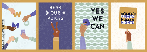 Set of feminist cards with woman rights, empowerment, girl power, fight for gender equality, feminism, sisterhood concept. International Women s Day, 8 March. Hand drawn vector illustration.