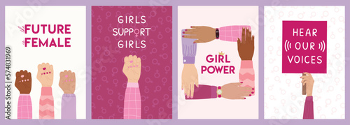 Set of feminist cards with woman rights, empowerment, girl power, fight for gender equality, feminism, sisterhood concept. International Women s Day, 8 March. Hand drawn vector illustration.