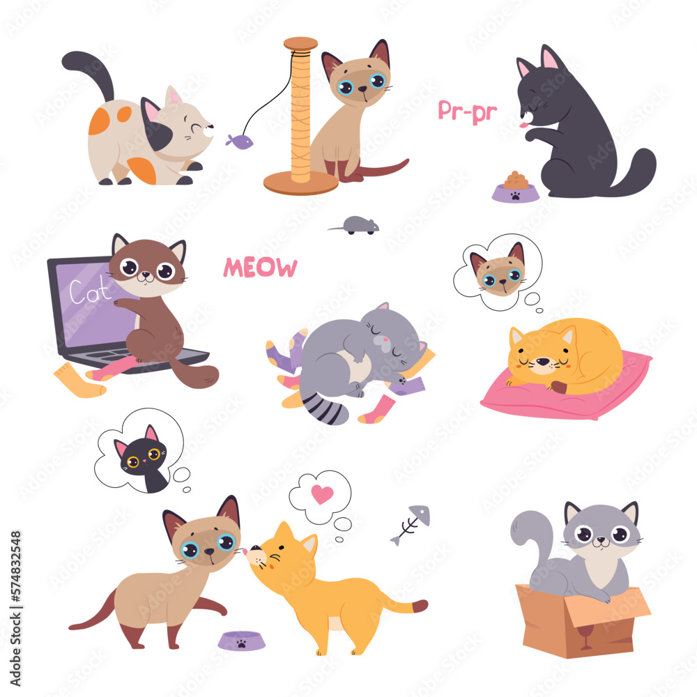 Cute Playful Cat as Domestic Pet with Funny Snout Engaged in Different Activity Vector Set Cute Playful Cat as Domestic Pet with Funny Snout Engaged in Different Activity Vector Set