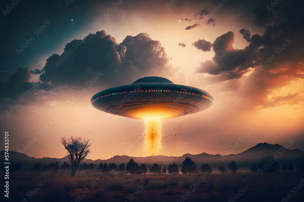 Fototapeta Alien UFO taking off, Unidentified Flying Object, Alien Spaceship. Generative AI