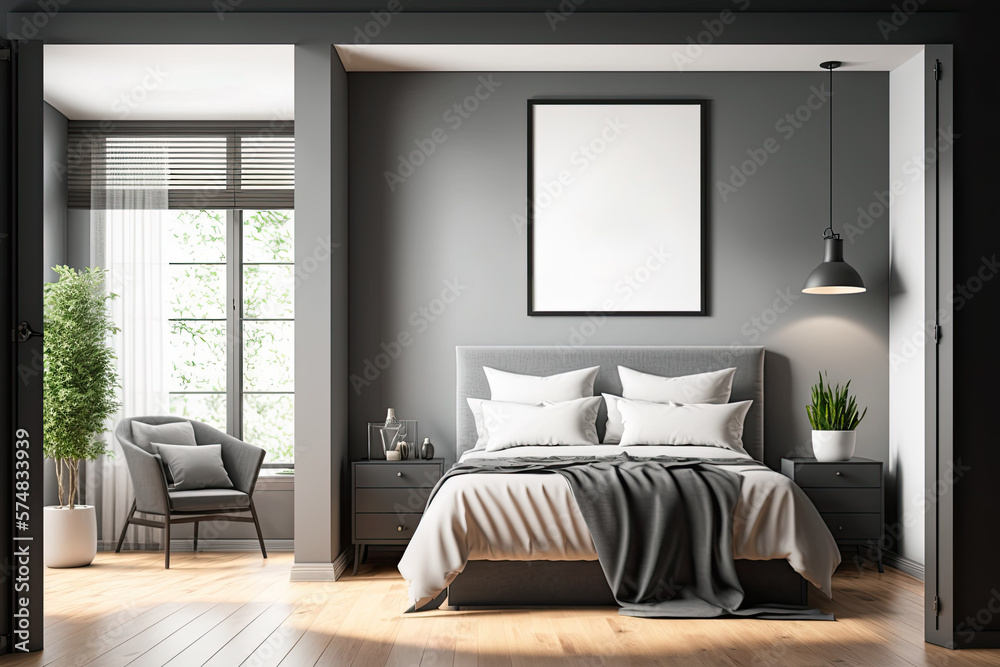 Modern bedroom corner with gray walls, double bed, and wooden floor. Vertically-framed poster. mockup. Generative AI Modern bedroom corner with gray walls, double bed, and wooden floor. Vertically-framed poster. mockup. Generative AI