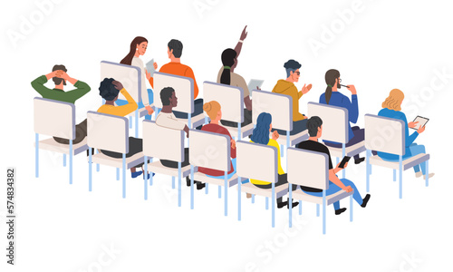 Audience at conference. Backs of people sitting on chair. Seminar and public speaking and event. Business meeting and training, lecture. Cartoon flat vector illustrations isolated on white background