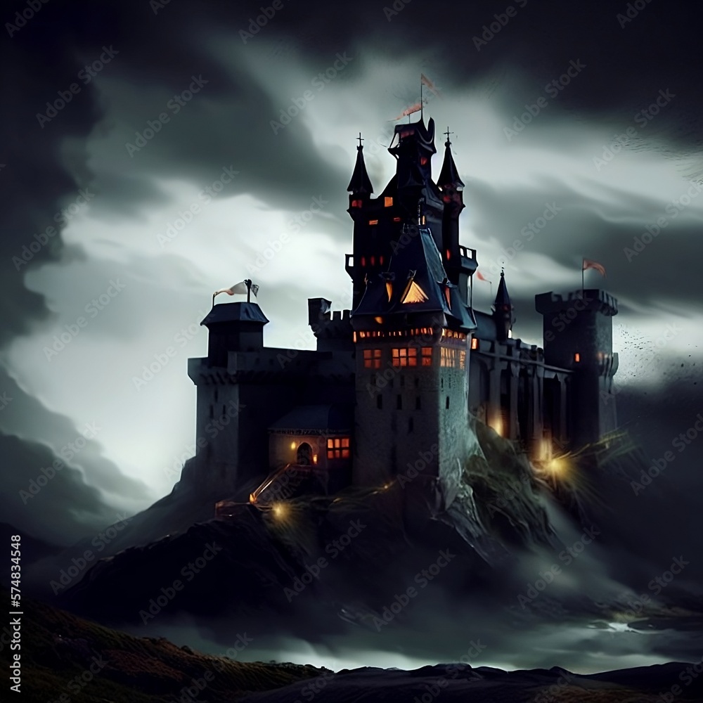 castle in the night dark cloudy sky, generative AI
