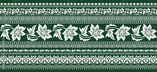 Flower green border. Asian seamless pattern, repeating design element for printing on fabric. Horizontal abstract banner. Silhouettes of plants on green backdrop. Cartoon flat vector illustration