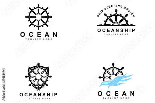 Ship Steering Logo, Ocean Icons Ship Steering Vector With Ocean Waves, Sailboat Anchor And Rope, Company Brand Sailing Design