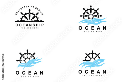 Ship Steering Logo, Ocean Icons Ship Steering Vector With Ocean Waves, Sailboat Anchor And Rope, Company Brand Sailing Design