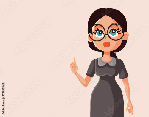 Happy Woman Pointing her Index Finger Explaining Vector Cartoon. Smart elegant businesswoman showing her forefinger indicating upwards
