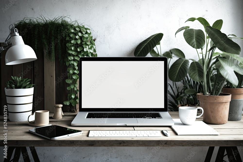 Laptop on office desk with plants and loft-style decor. Generative AI Laptop on office desk with plants and loft-style decor. Generative AI