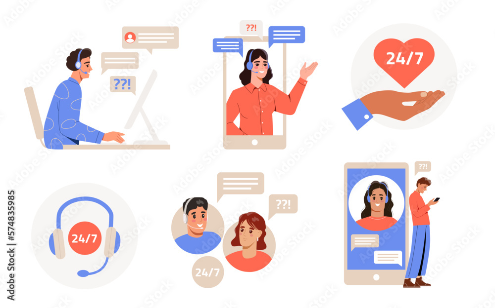 Customers support set. Men and women in headphones answer questions. Call center, hotline and FAQ, helpful online supporter agents. Cartoon flat vector illustrations isolated on white background Customers support set. Men and women in headphones answer questions. Call center, hotline and FAQ, helpful online supporter agents. Cartoon flat vector illustrations isolated on white background