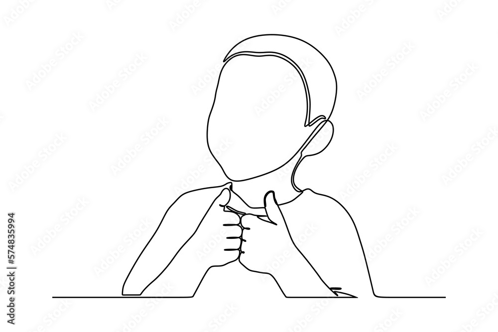 continuous line drawing of little child lifting two thumbs continuous line drawing of little child lifting two thumbs