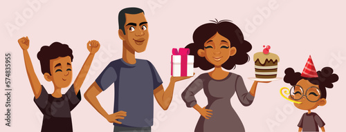 Happy Family Celebrating with Birthday Cake Vector Cartoon Illustration. Parents and children having a party together with homemade dessert 
