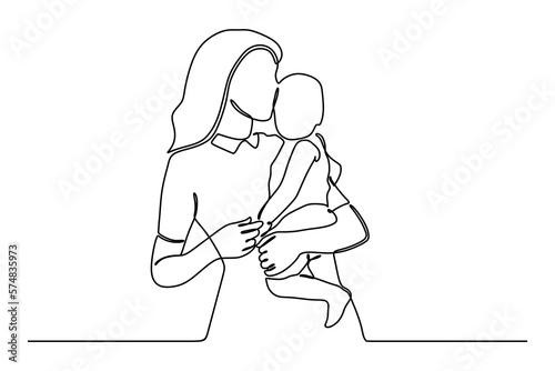 continuous line drawing of mother holding her child lovingly
